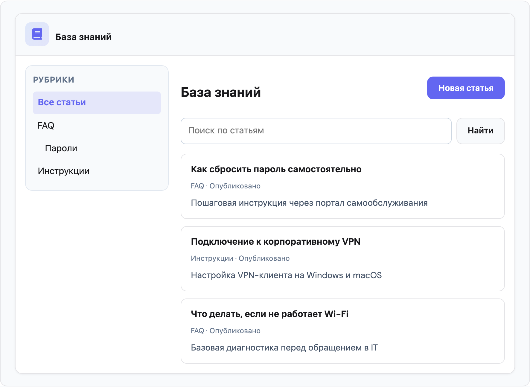 База знаний Helpdesk: рубрики и статьи