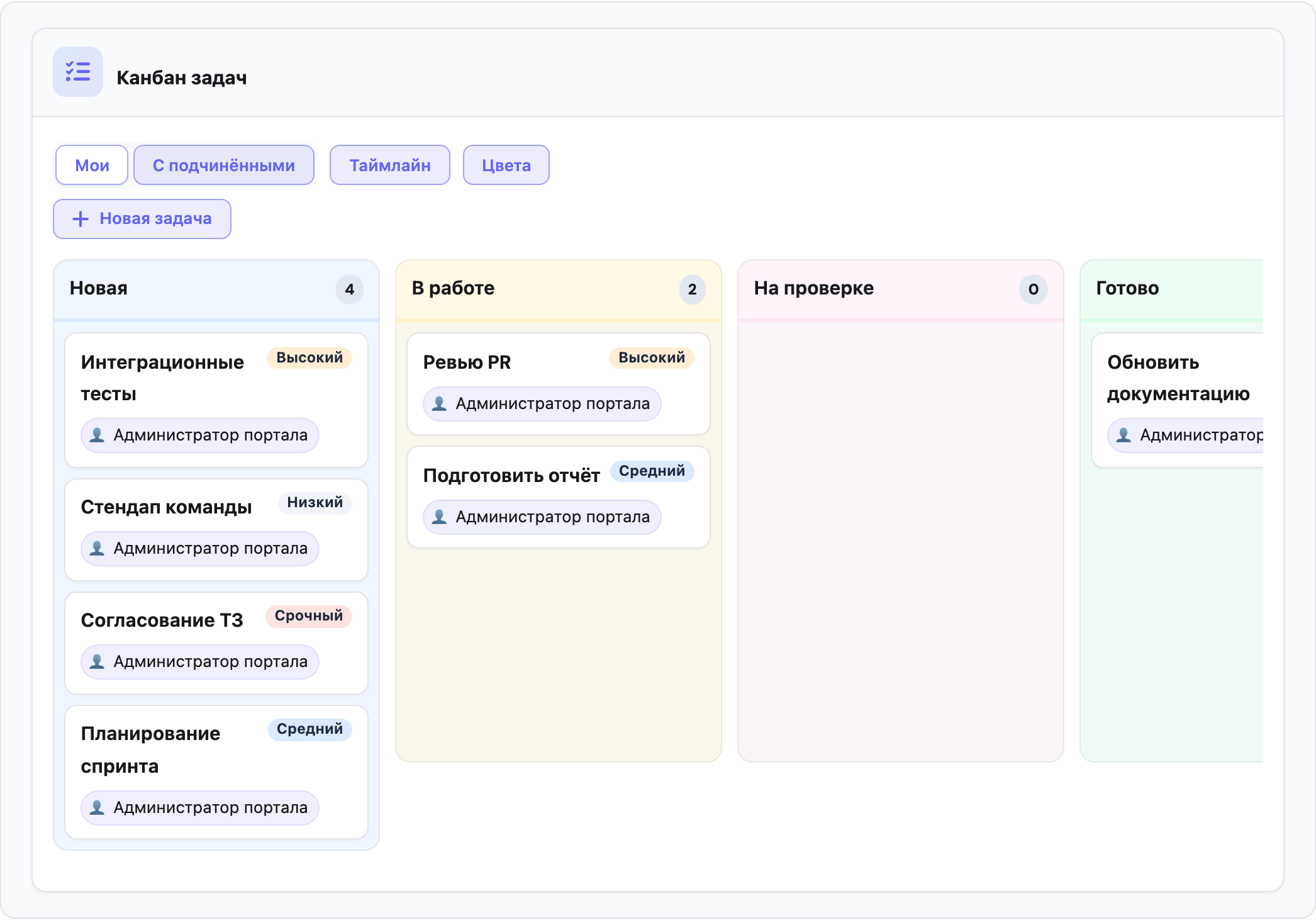 Канбан задач Portal: колонки статусов и карточки с приоритетами